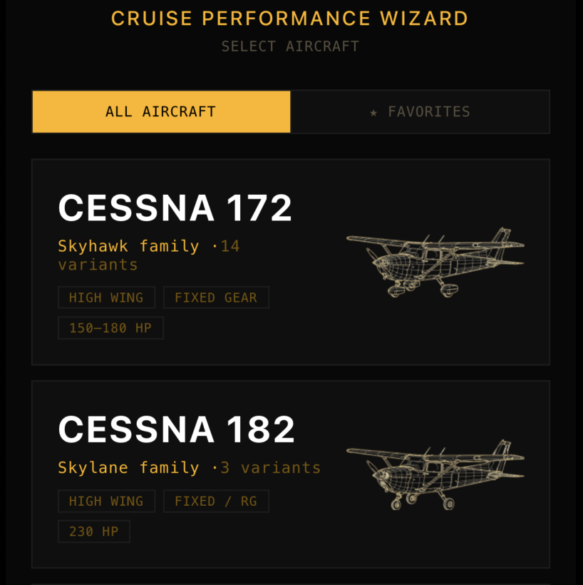 Aircraft selection screen